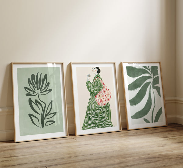 Green Floral & Chic Illustration Trio Wall Art