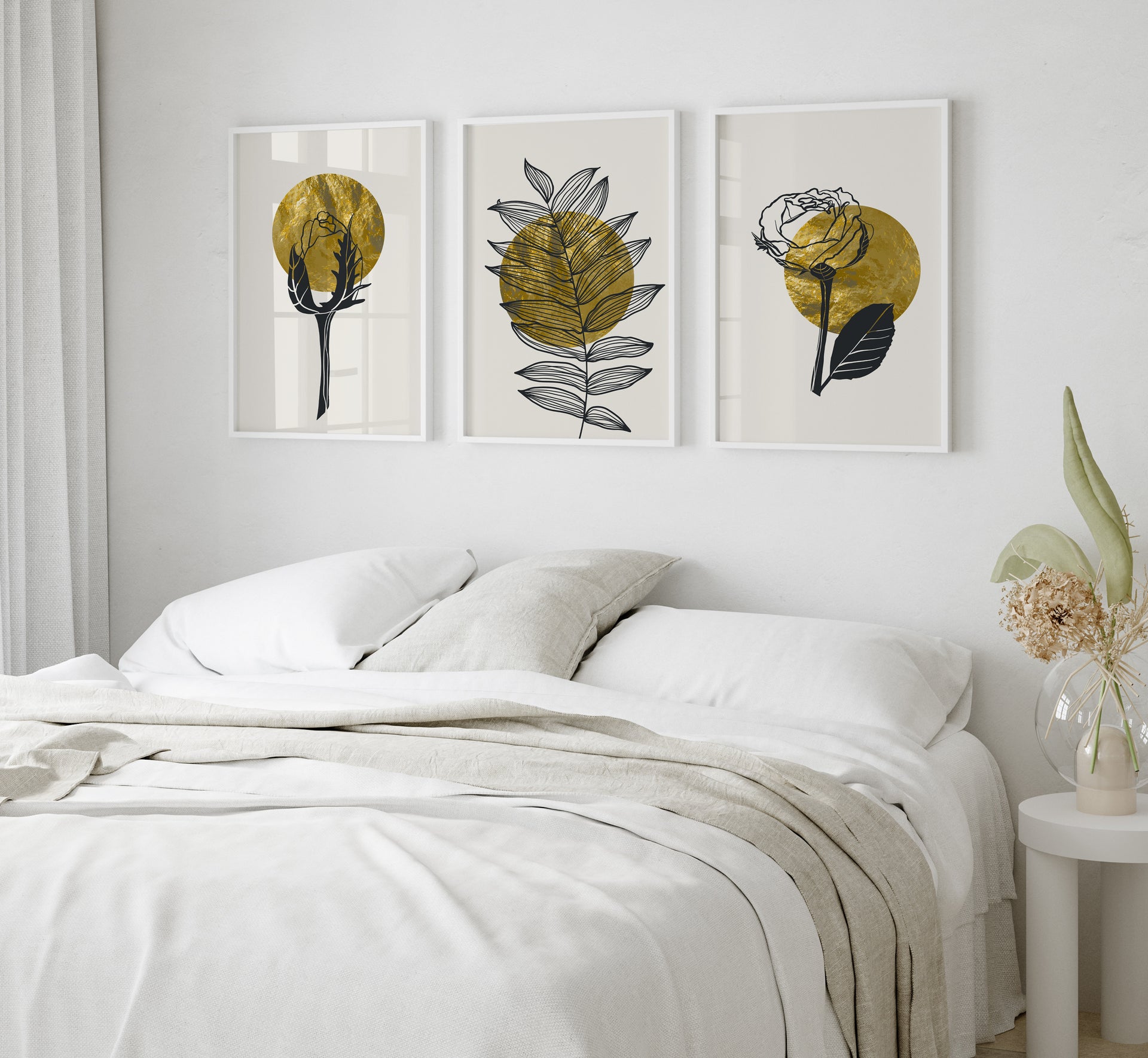 Elegant Gold Leaf & Floral Trio Wall Art