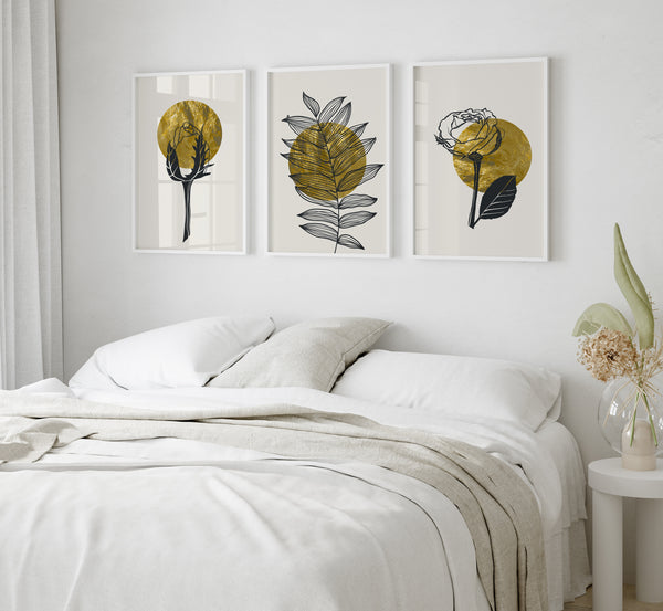 Elegant Gold Leaf & Floral Trio Wall Art