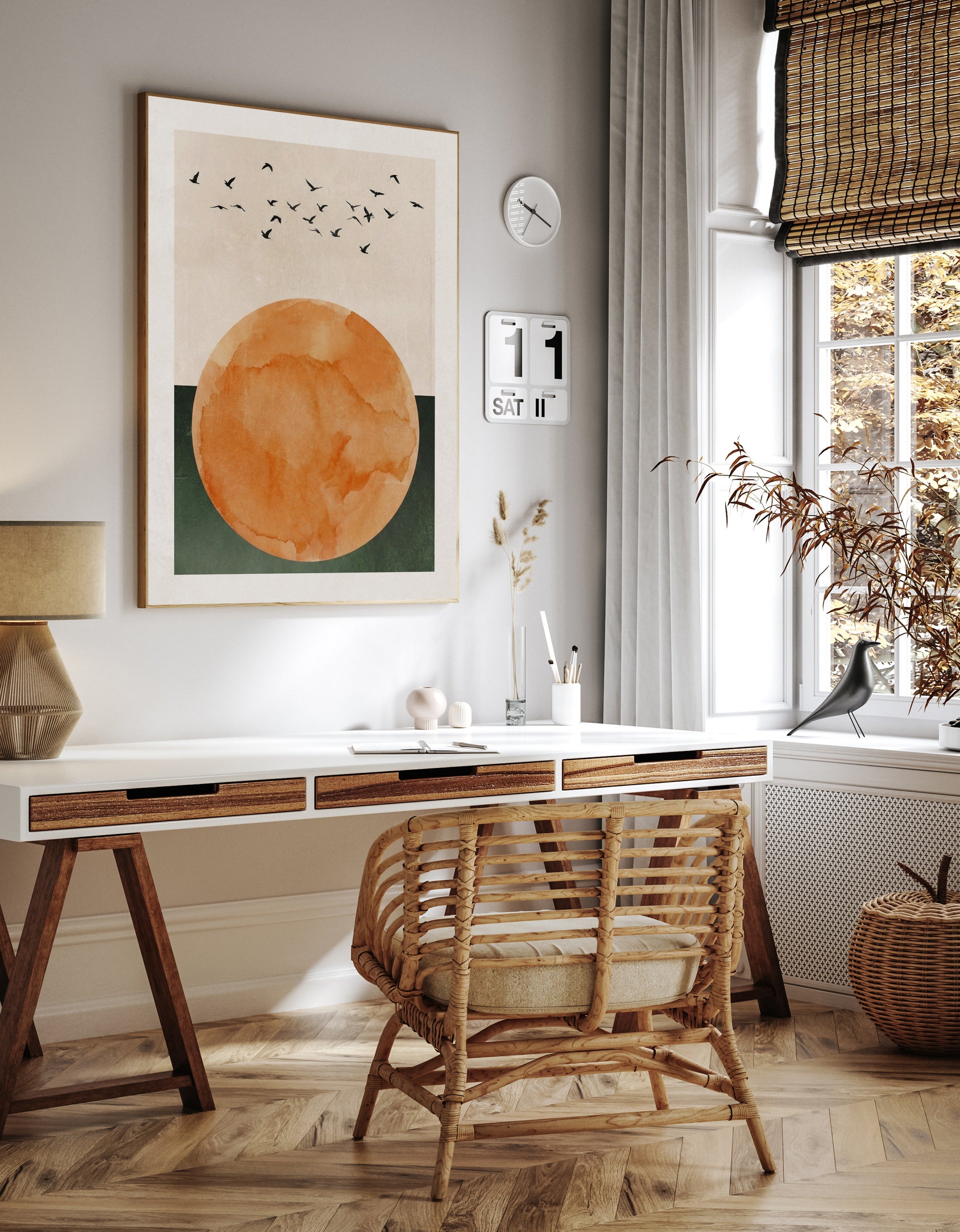 Warm Sunset & Birds Framed Canvas